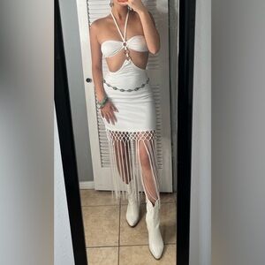 White Fringe Ring Cutout Bodycon Halter Dress S | festival western rodeo country